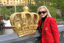 Debra C. Argen with royal crown on the bridge to Skeppysholmen Island, Stockholm, Sweden