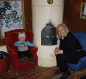 Wilmer Rosenblom chats with Debra at Pippi Longstockings house at Junibacken Musuem, Stockholm, Sweden