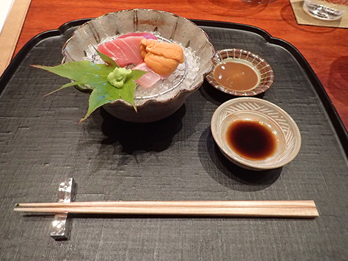 Otsukuri Bluefin Tuna with Natto Soy Sauce, Fugu Sashimi with Ponzu Sauce - photo by Luxury Experience